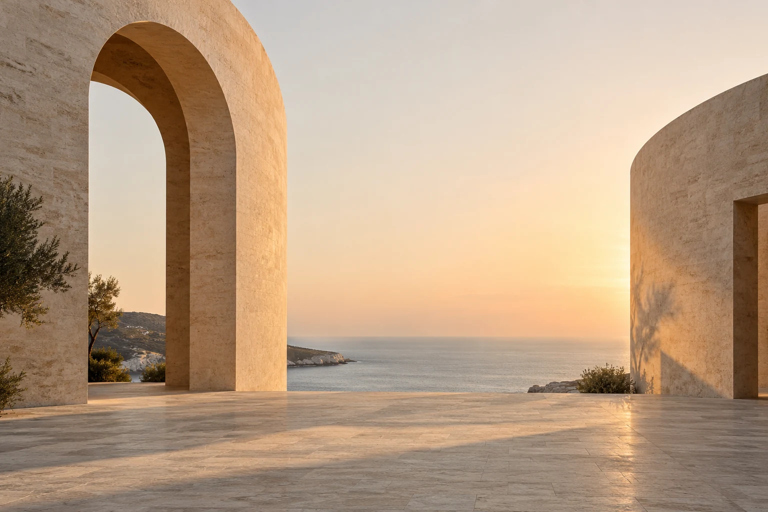 Lichtdurchflutete Architektur aus hellem Naturstein am Meer