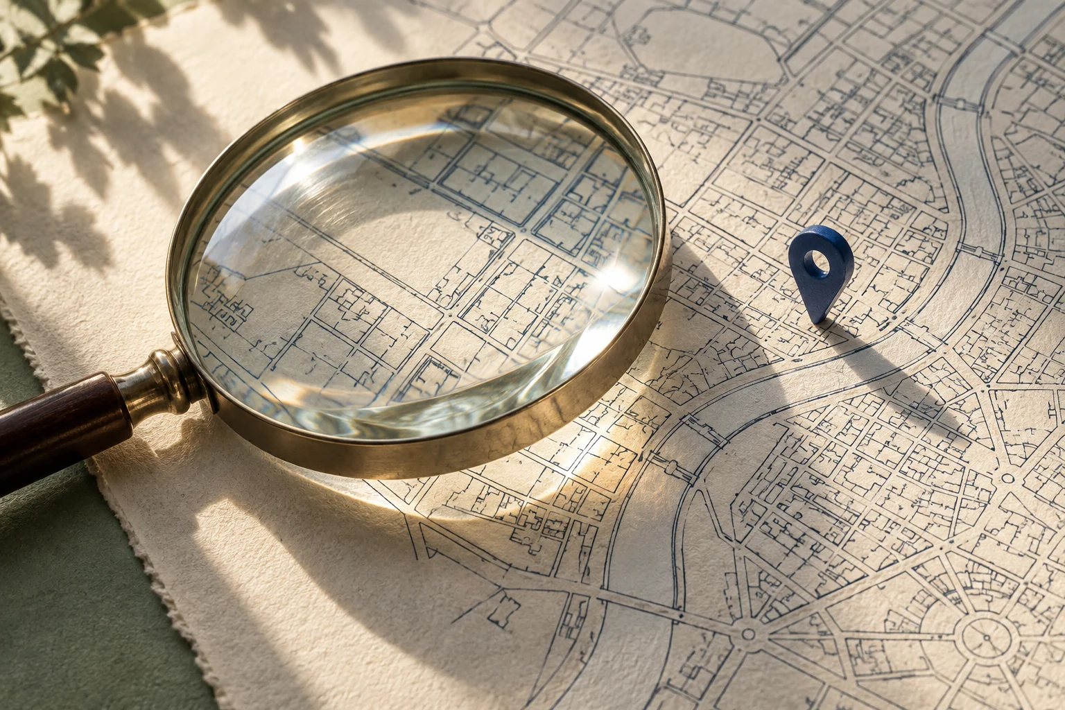 Editoriales Motiv: Vergrößerungsglas und blauer Standortmarker auf einem Stadtplan