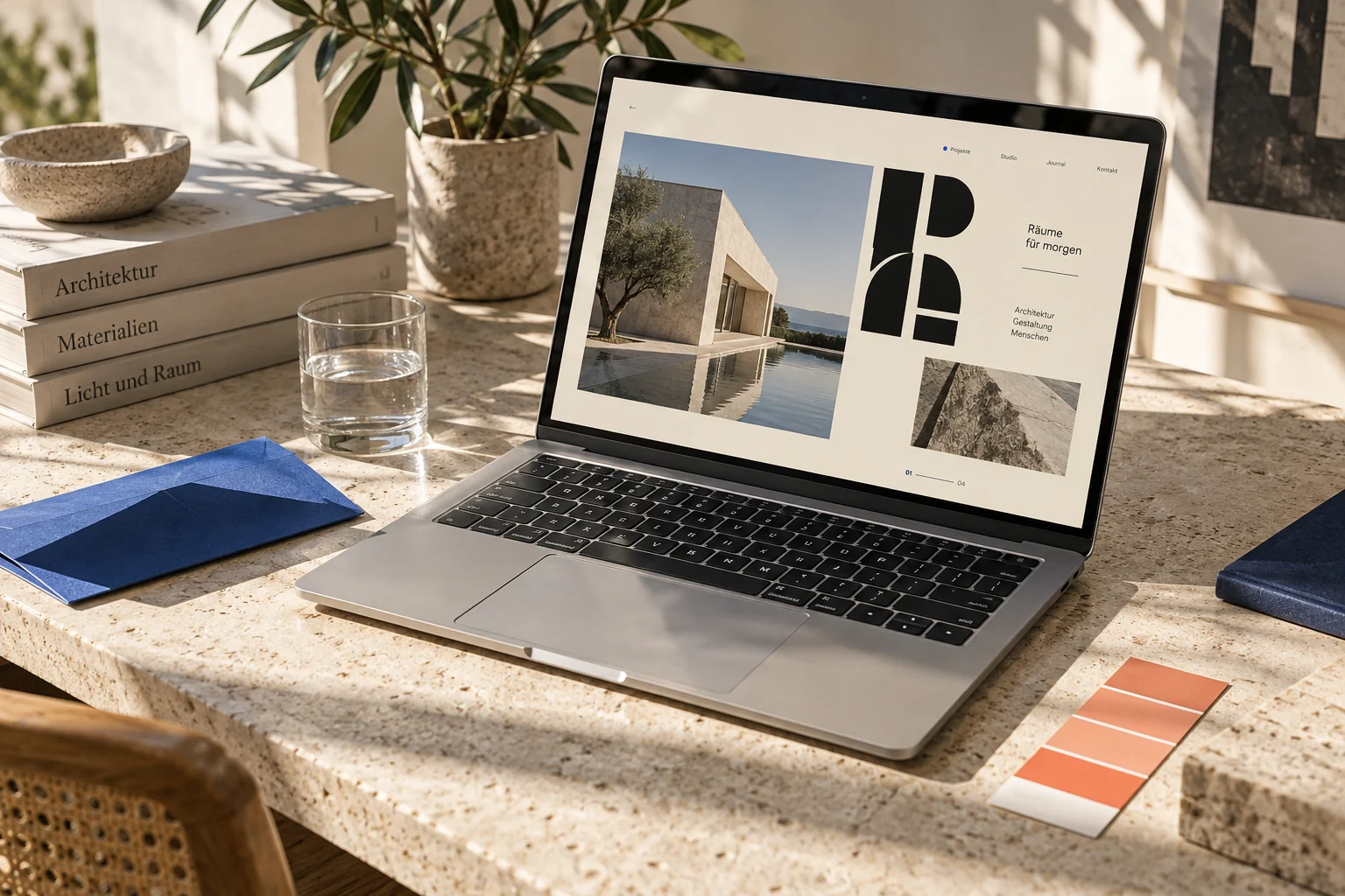 Illustrative Studioszene: Laptop mit einem architektonischen Website-Entwurf und Farbmuster auf einem Steintisch